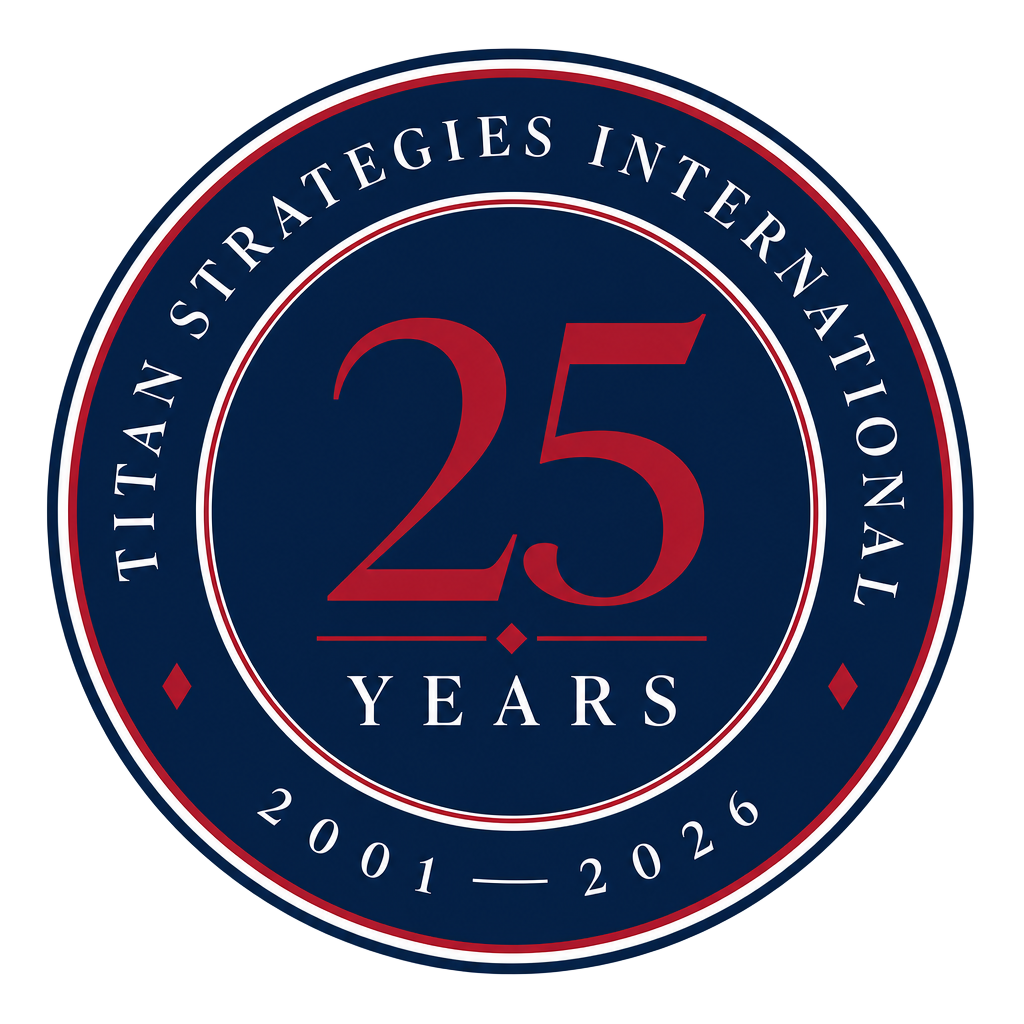 Titan Strategies International 25 Years, 2001 to 2026 commemorative emblem